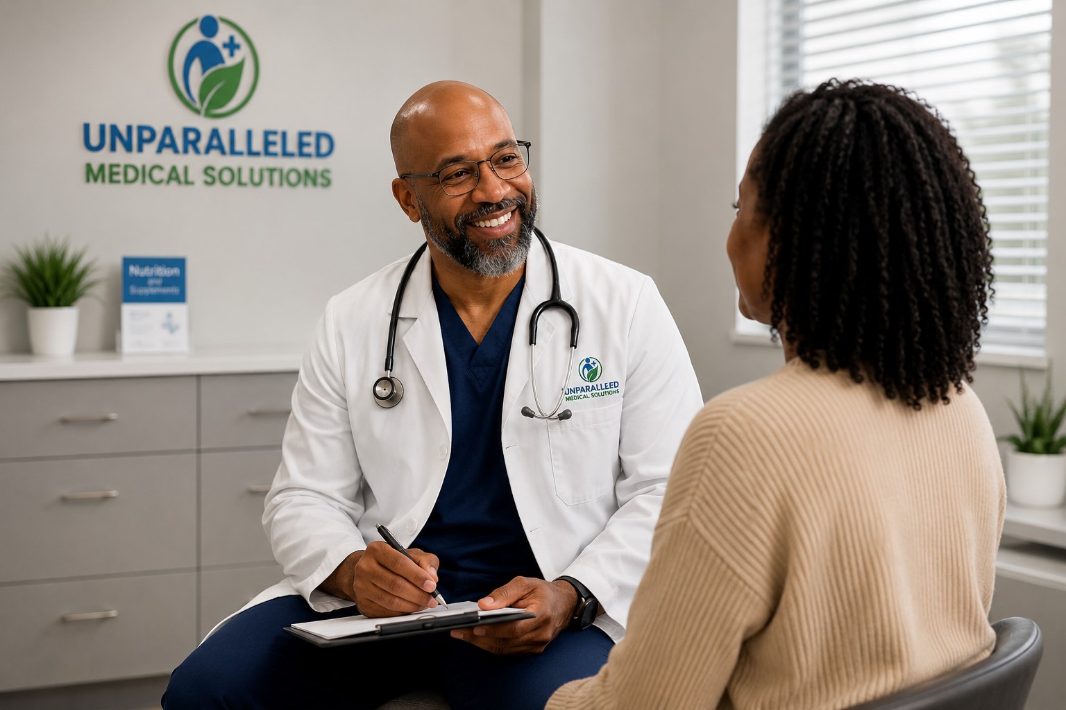 Corey Henry, MSN, APRN, A-GNP-C, meeting with a patient at Unparalleled Medical Solutions.